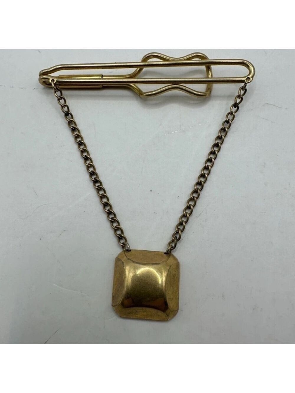 Vintage Hadley Gold Tone Tie Bar With Chain and Square Pendant